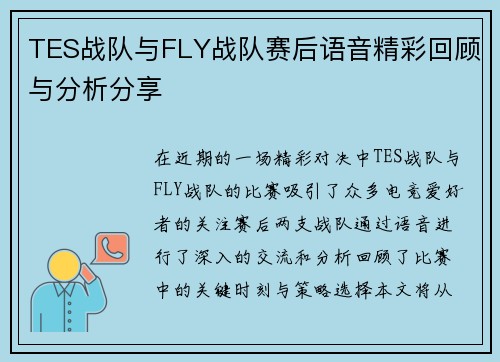 TES战队与FLY战队赛后语音精彩回顾与分析分享