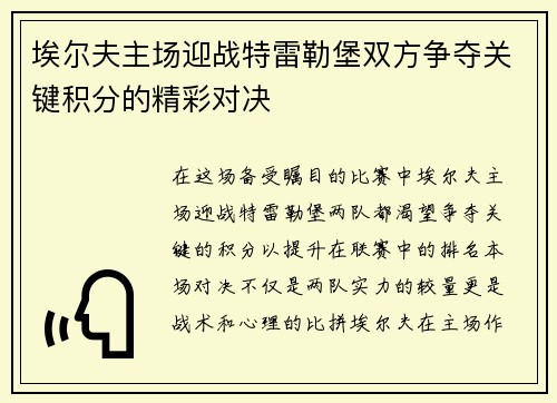埃尔夫主场迎战特雷勒堡双方争夺关键积分的精彩对决